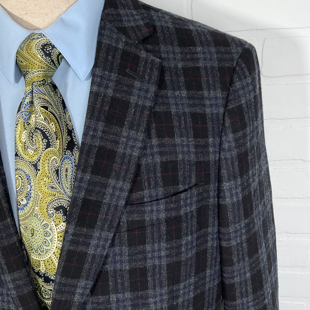 Flynt Blazer Men 42R‎ Black Blue Plaid Sparrow Wool Classic Sport Jacket VTG